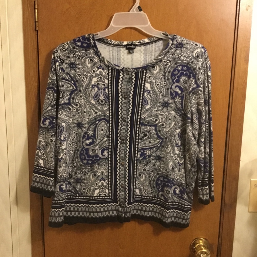 Rafaella Blue and Gray Paisley Scoop Neck Long Sleeve Top 2X